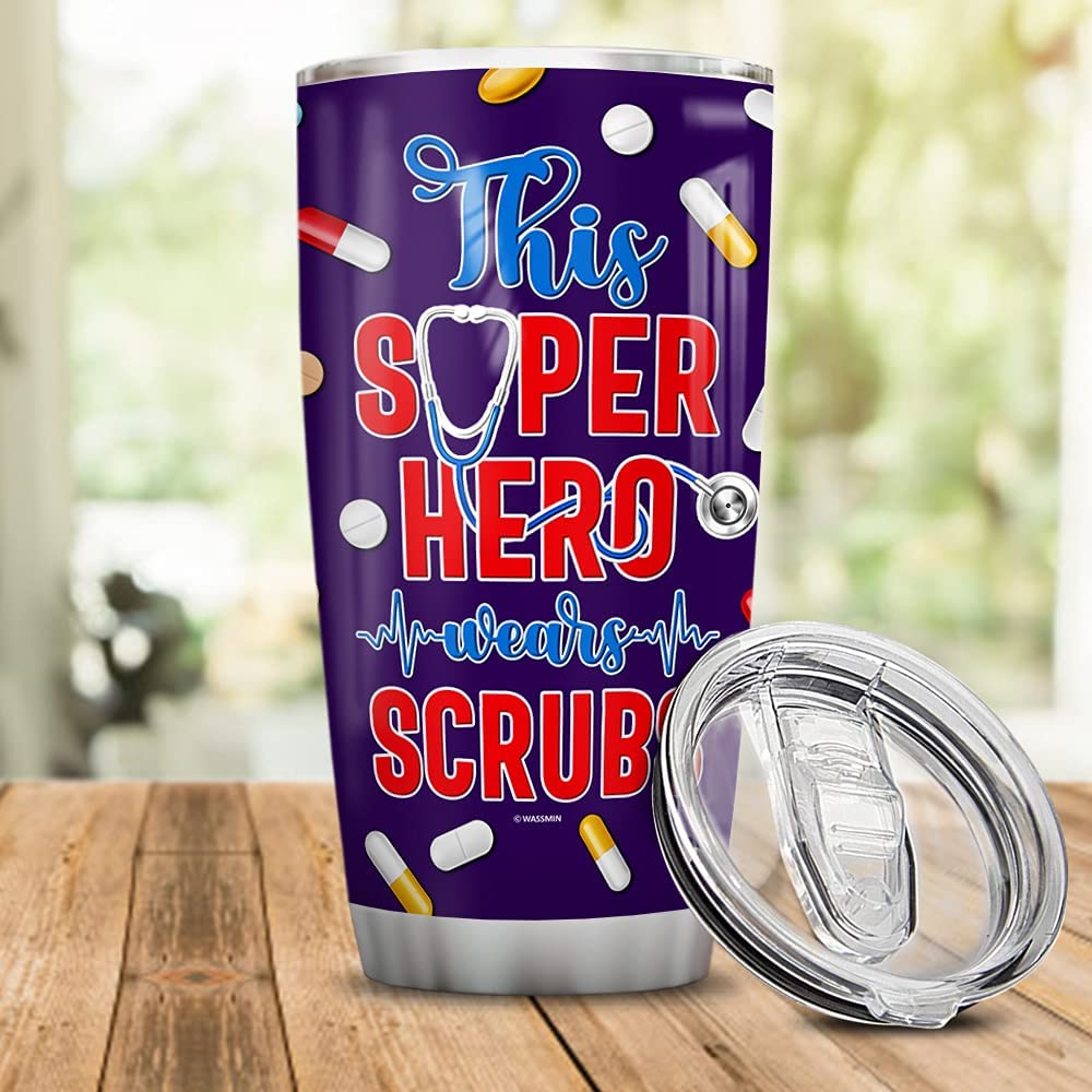 Personalized This Hero Wears Scrubs Nurse Tumbler Cup With Lid Double Wall Vacuum Insulated Travel Coffee Mug Birthday Christmas Nurse Week Appreciation Gift Women Men