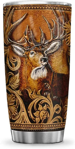 Printed Wooden Style Deer Tumbler Cup with Lid, Double Wall Vacuum Thermos Insulated Travel Coffee Mug - HAL1911015