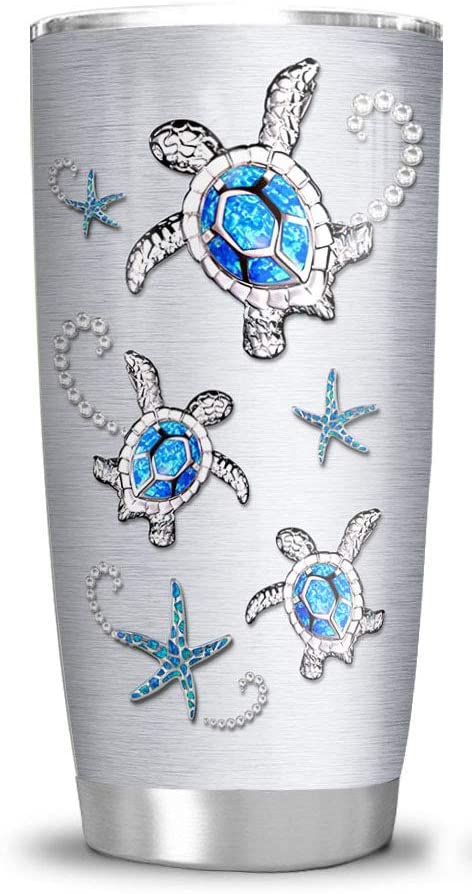 Printed Sea Turtle Jewelry Style Tumbler Cup with Lid, Double Wall Vacuum Sporty Thermos Insulated Travel Coffee Mug - Blue