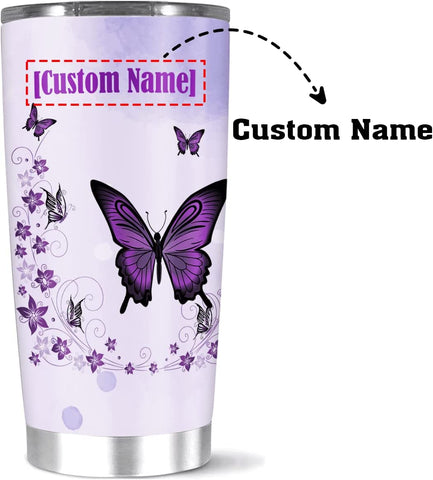 Personalized Coffee Tumbler, Customized Name Butterfly And Flower, Light Purple Color, 20 Insulated, Gift For Women Mom Sister Daughter Lover On Birthday, Home Travel Office Mug Use