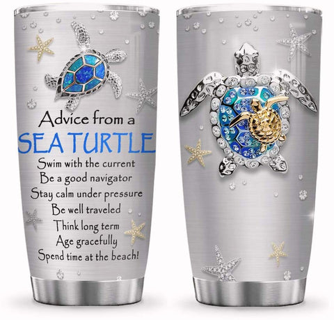 Printed Turtle Advice Jewelry Style Turtle Lover Tumbler Cup With Lid, Double Wall Vacuum Sporty Thermos Insulated Travel Coffee Mug - Blue