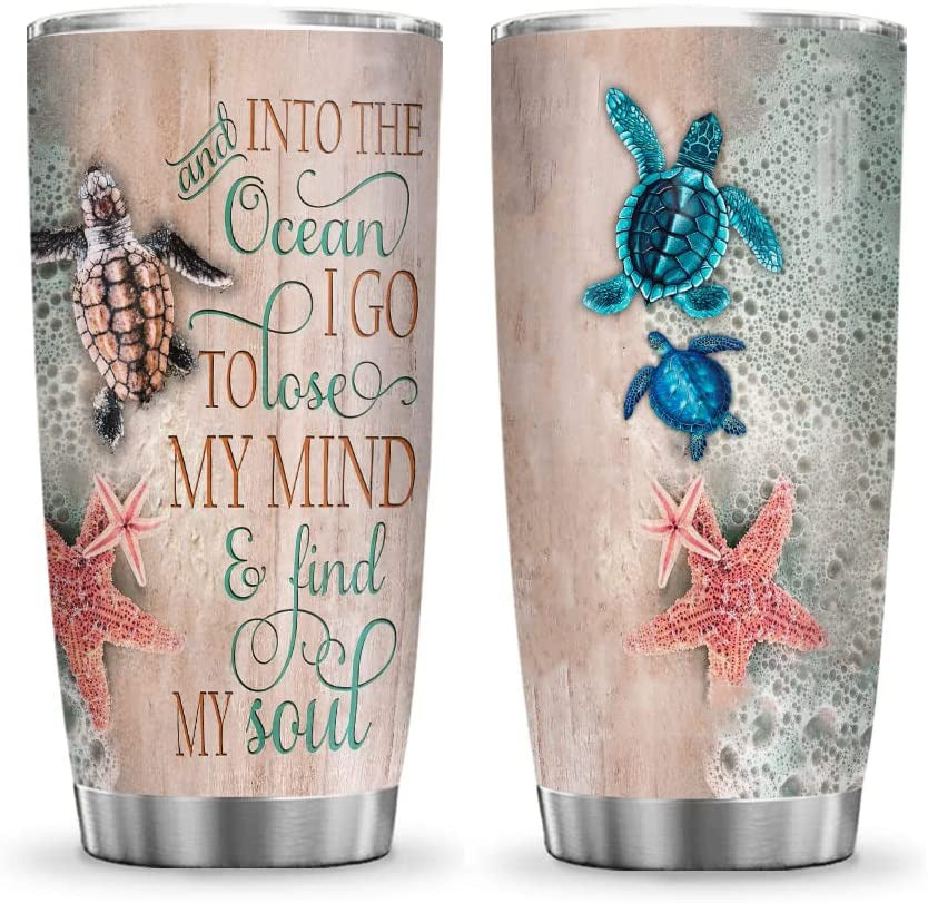 Sea Turtle Tumbler, Sea Turtle Into the Ocean Lose My Mind Find My Soul Summer Vibe Beach Lover Tumbler Cup with Lid, Double Wall Vacuum Thermos Insulated Travel Coffee Mug