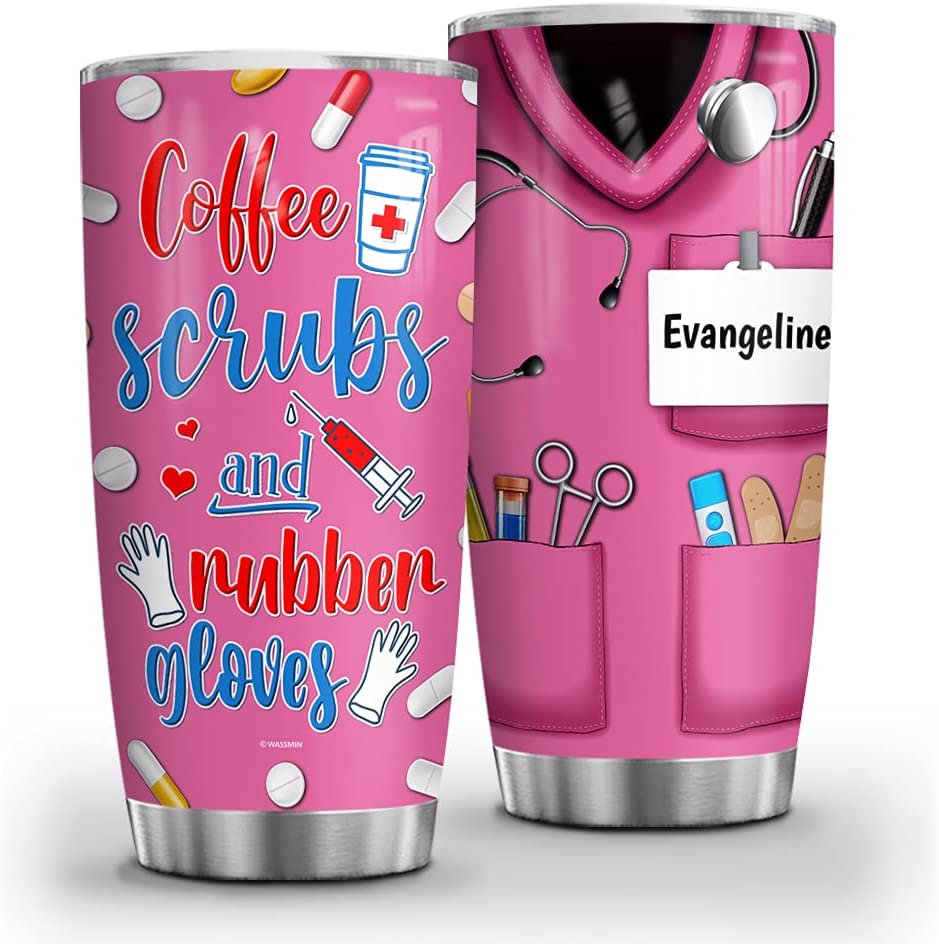 Personalized Coffee Scrubs Rubber Gloves Nurse Tumbler Cup With Lid Double Wall Vacuum Insulated Travel Coffee Mug Birthday Christmas Nurse Week Appreciation Gift Women Men