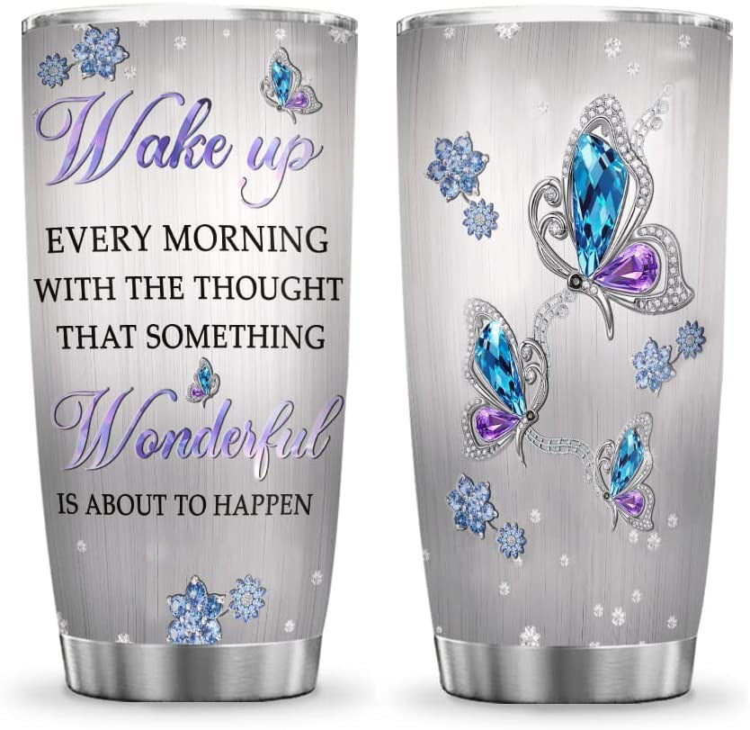 Butterfly Tumbler, Butterfly Jewelry Style Tumbler Cup with Lid, Double Wall Vacuum Thermos Insulated Travel Coffee Mug