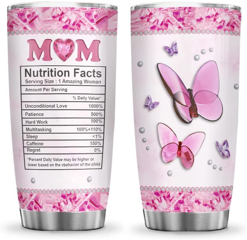 Mom Nutrition Facts Mother Gifts Butterfly Lover Stainless Steel Tumbler Cup with Lid, Double Wall Vacuum Thermos Insulated Travel Coffee Mug