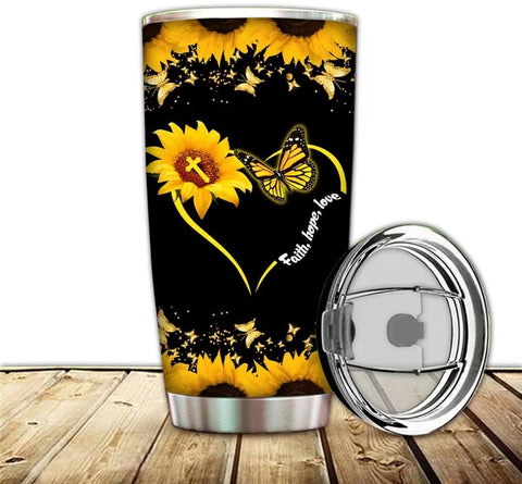 Sunflower Tumbler with Lid and Straw Double Wall Stainless Steel Vacuum Insulated Black Butterfly Travel Mug, Water Coffee Cup for Home,Office,School, Ice Drink, Hot Beverage