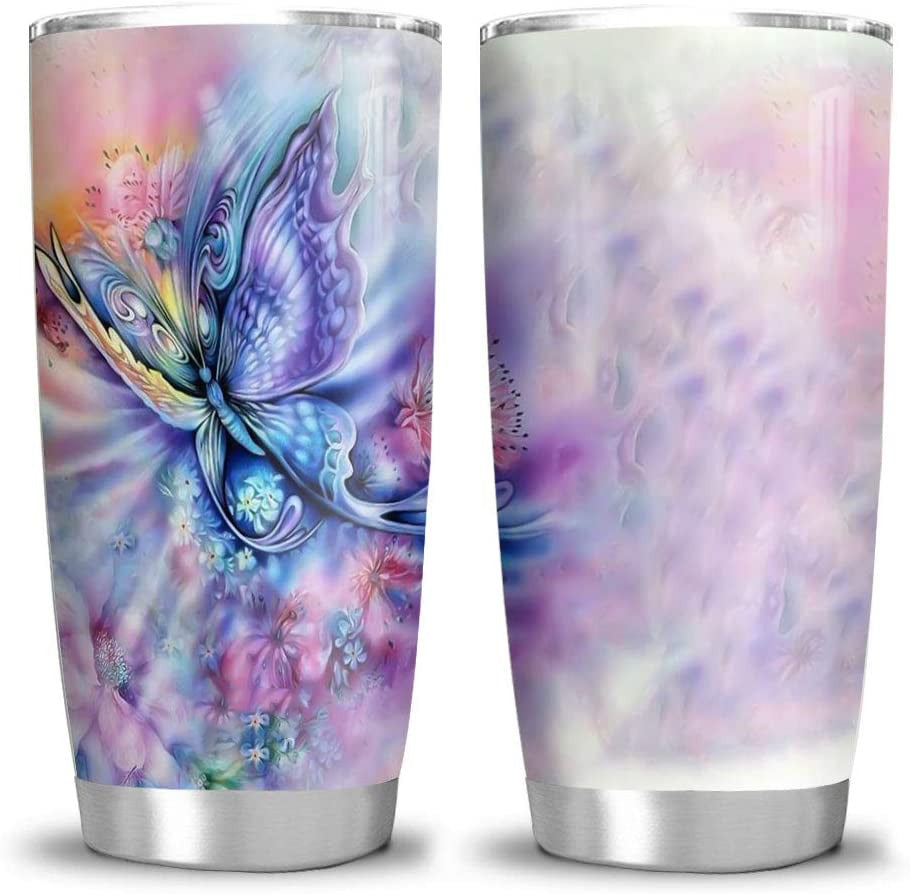 Rainbow Butterfly Tumbler Cup with Lid, Double Wall Vacuum Sporty Thermos Insulated Travel Coffee Mug