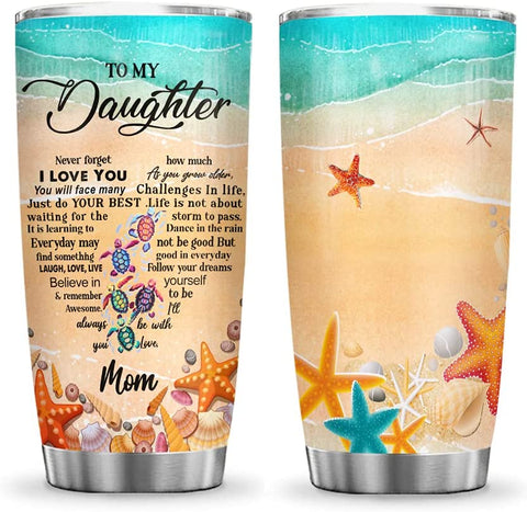 Daughter Tumbler, Mom to Daughter Beach Sea Ocean Turtle Lover Inspiration Tumbler Cup with Lid, Double Wall Vacuum Thermos Insulated Travel Coffee Mug