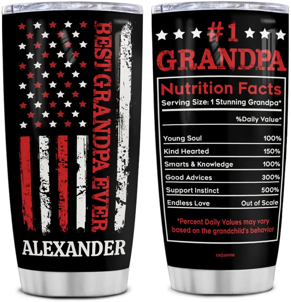 Grandpa Tumbler, Best Grandpa Tumbler Personalized Grandpa Nutrition Facts Tumblers Stainless Steel Coffee Travel Mug Cup with Lid Birthday Christmas Fathers Day Custom Gifts For Papa Grandfather