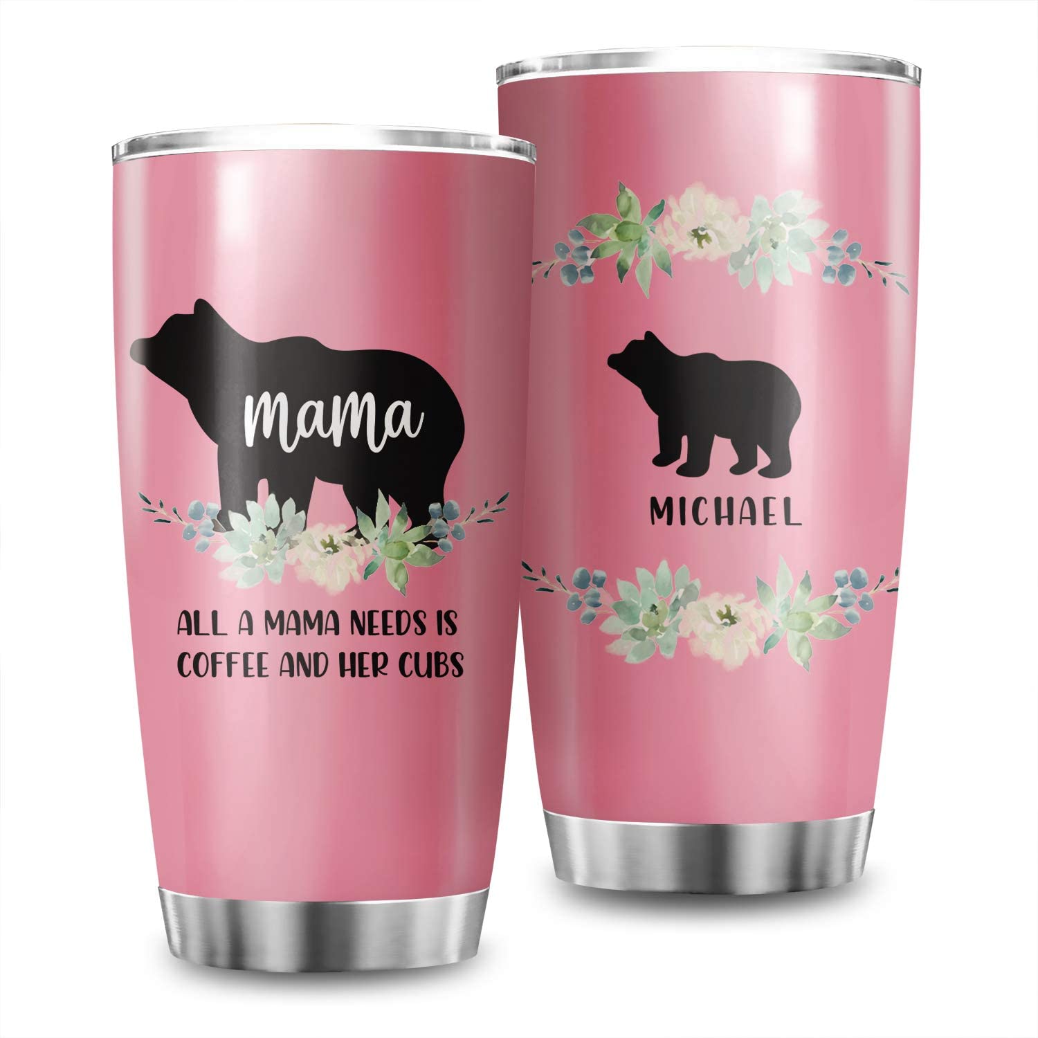 Personalized Mama Bear Tumblers Custom Mom Tumbler Printed Names up to 5 Cubs Son Daughter to Mother's Day Gifts Pink Travel mug