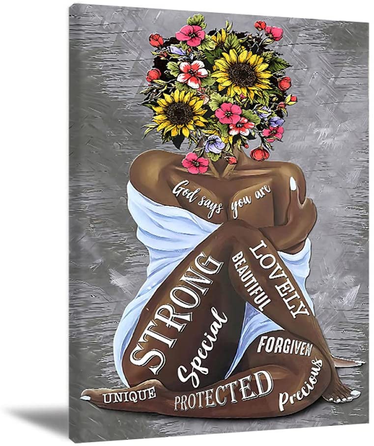 African American Wall Art Black Queen Girl Head Sunflowers Black Girl Artwork Floral Art Prints For Bedroom Living Room