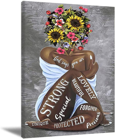 Canvas Black Girl, Art African American Wall Art Black Queen Girl Head Flowers Poster Black Girl Artwork Floral Art Prints For Bedroom Living Room Abstract Contemporary Canvas Prints Painting Home Decor