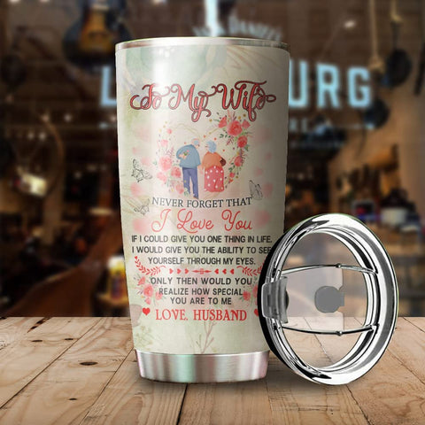 Wife Tumbler, Personalized Valentine Tumbler for Wife, Her Gift from Husband Never Forget That I Love You, Vacuum Stainless Steel Travel Cup with Lid, Custom Gifts