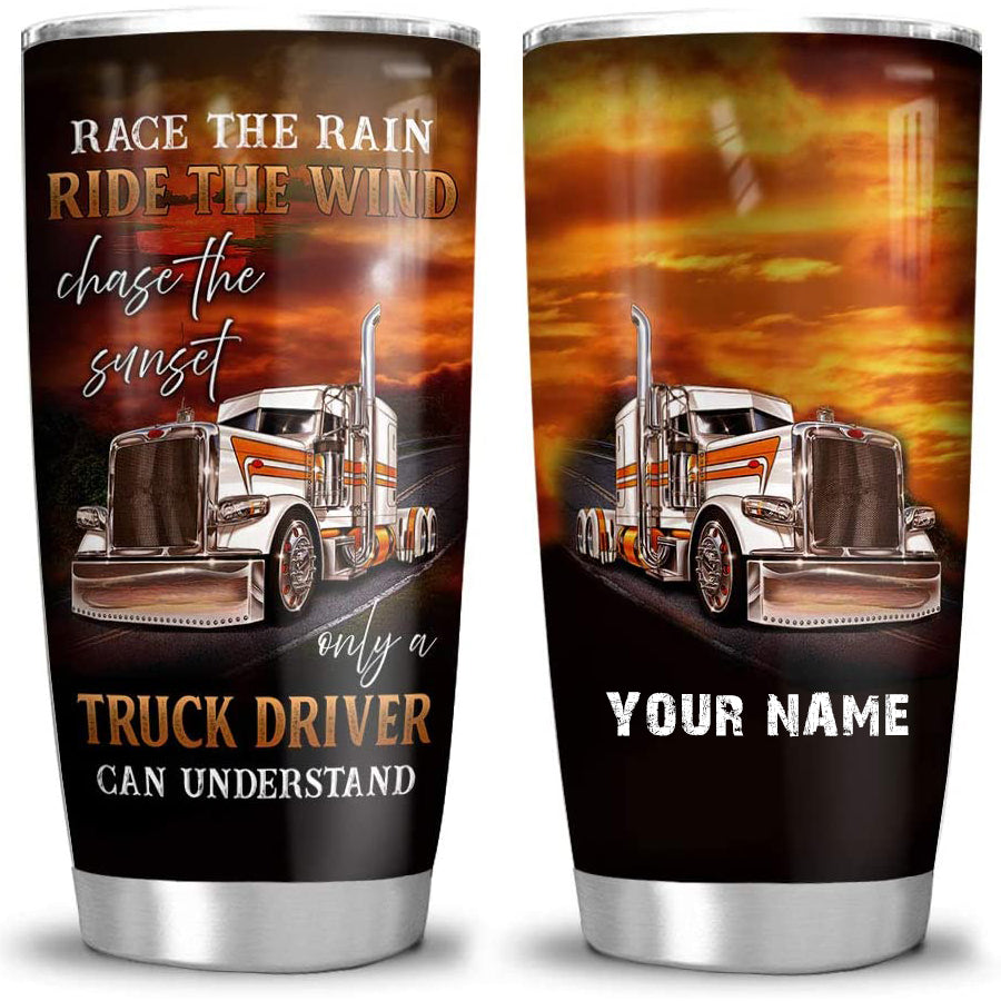 Trucker Gift, Trucker Chase The Sunset Tumbler Cup with Lid, Travel Coffee Mug, Fathers Day Birthday Anniversary Retirement Gift