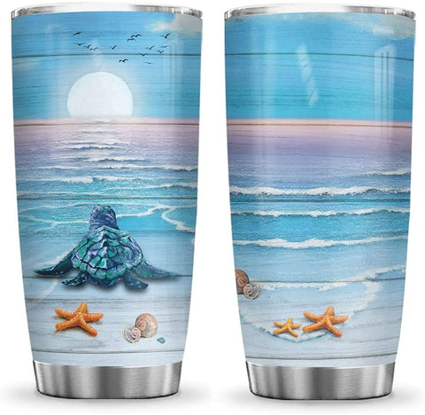 Turtle on The Beach Sunset Sea Ocean Turtle Inspiration Tumbler Cup with Lid, Double Wall Vacuum Thermos Insulated Travel Coffee Mug - BGM0501011Z