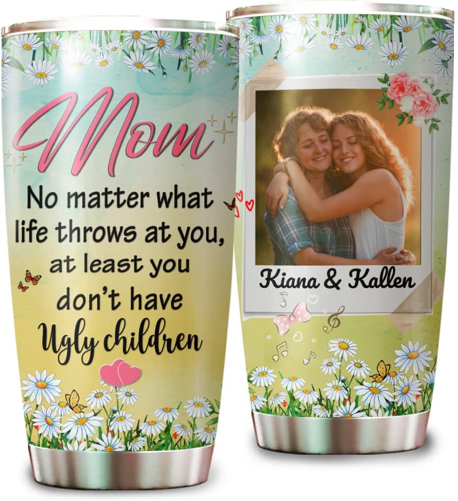 Mom Tumbler, Personalized Ugly Children Mom Tumbler Cup With Lid Customize Photo Name Double Walled Vacuum Stainless Steel Insulated Tumblers Coffee Travel Mug Mothers Day Birthday Christmas Gifts