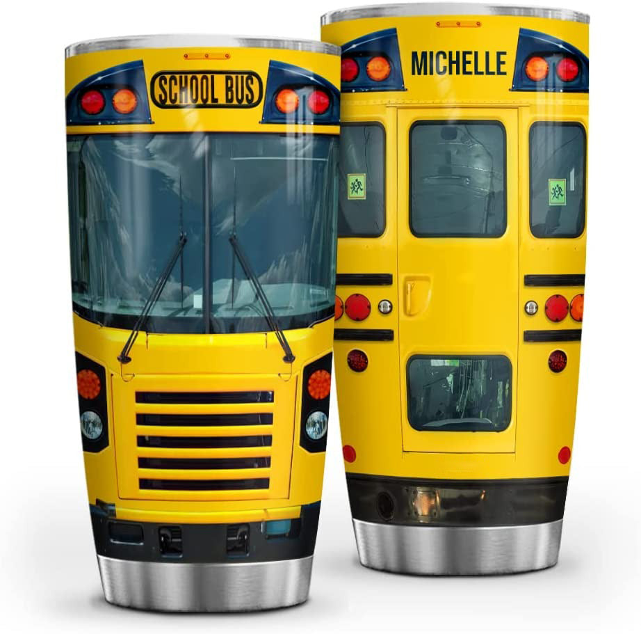 Personalized School Bus Tumbler Cup With Lid Custom Name Customized Stainless Steel Double Wall Vacuum Tumblers Coffee Travel Mug Cups Birthday Christmas Gifts For Drivers Women Men