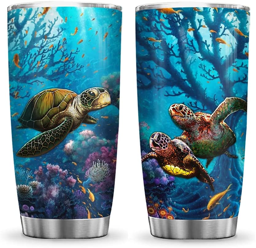 Turtle in The Ocean Deep Sea Turtle Lover Inspiration Motivation Tumbler Cup with Lid, Double Wall Vacuum Thermos Insulated Travel Coffee Mug