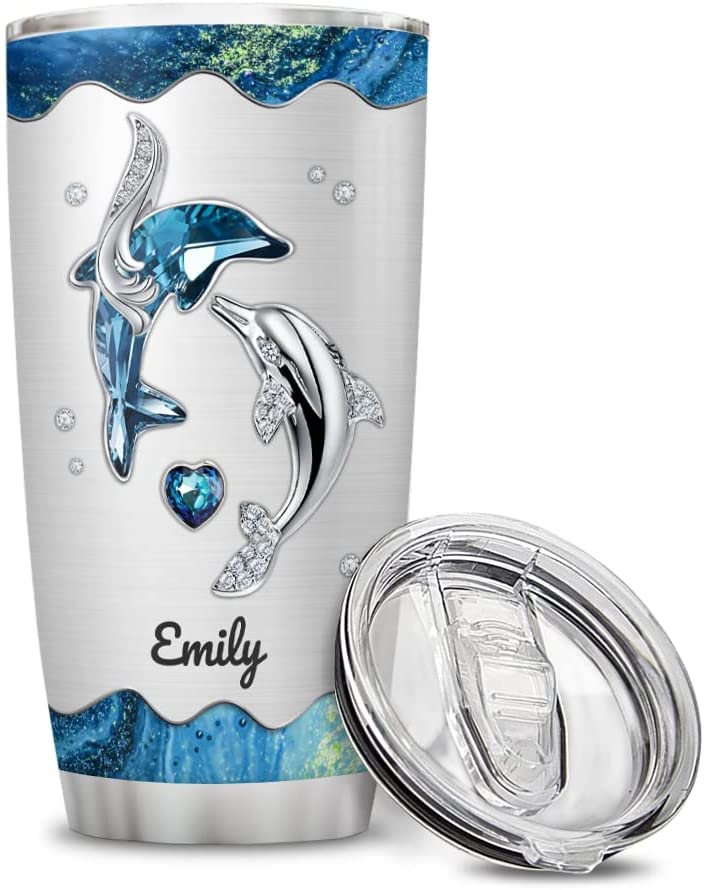 Personalized Dolphin Tumbler Cup With Lid Custom Name Animal Stainless Steel Double Wall Vacuum Insulated Tumblers Coffee Travel Mug Birthday Christmas Customized Gifts Women Girls