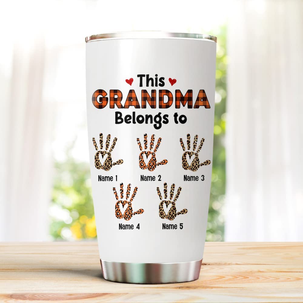 Grandma Tumbler, Personalized Mothers Day Stainless Steel Tumbler Handprint This Grandma Belongs To Custom Grandkids Name Tumbler For Grandma Gifts From Granddaughter Grandson Customized Grandma