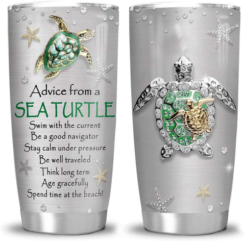 Printed Turtle Advice Jewelry Style Turtle Lover Tumbler Cup with Lid, Double Wall Vacuum Sporty Thermos Insulated Travel Coffee Mug - Green