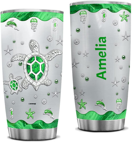 Personalized Tumbler Cup With Lid Custom Name Jewelry Sea Turtle Stainless Steel Double Wall Vacuum Insulated Tumblers Coffee Travel Mug Birthday Christmas Customized Gifts (Green)