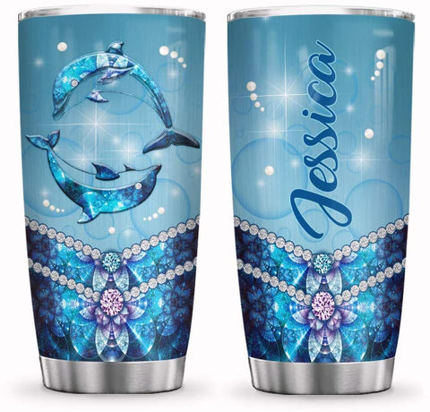 Personalized Name Dolphin Jewelry Style Inspiration Motivation Tumbler Cup with Lid, Double Wall Vacuum Sporty Thermos Insulated Travel Coffee Mug - BGM3003002Z