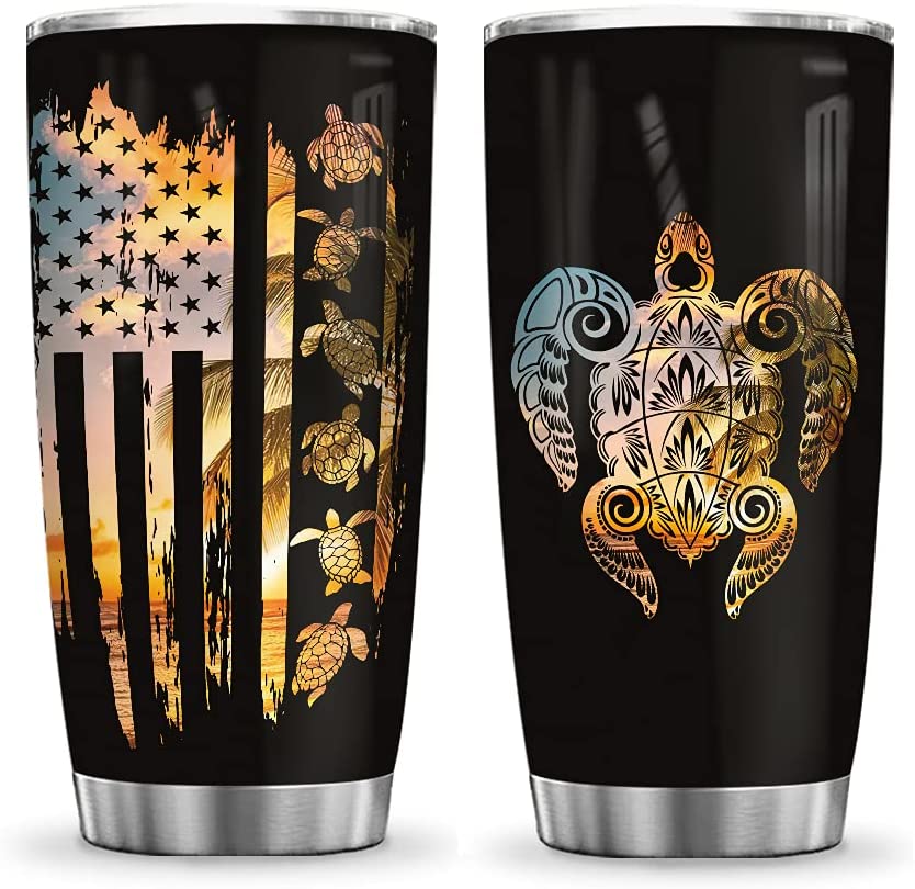 American Flag Turtle Sea Ocean Turtle Inspiration Tumbler Cup with Lid, Double Wall Vacuum Thermos Insulated Travel Coffee Mug