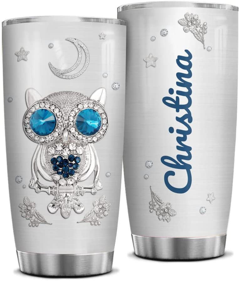 Personalized Owl Tumbler Cup With Lid Custom Name Owls Jewelry Drawing Style Stainless Steel Double Wall Vacuum Insulated Tumblers Coffee Travel Mug Birthday Christmas Cups Gifts