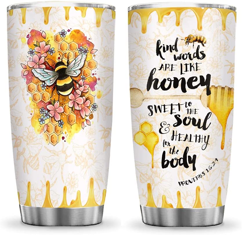 Kind Words are Like Honey Sweet to The Soul Good for The Body Bee Lover Tumbler Cup with Lid, Double Wall Vacuum Thermos Insulated Travel Coffee Mug