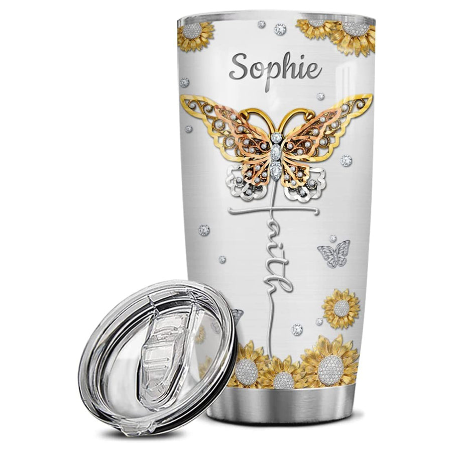 Personalized Butterfly Tumbler Cup With Lid Jewelry Style Stainless Steel Double Wall Vacuum Insulated Tumbler Coffee Travel Mug Birthday Christmas Christian Religious Gifts