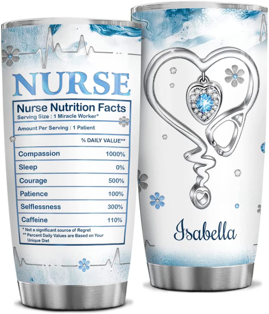 Personalized Nurse Tumbler Nutrition Facts Heartbeat Stethoscope Jewelry Drawing Style Vacuum Insulated Travel Coffee Mug Christmas Graduation Nurse Appreciation Gift Women Men