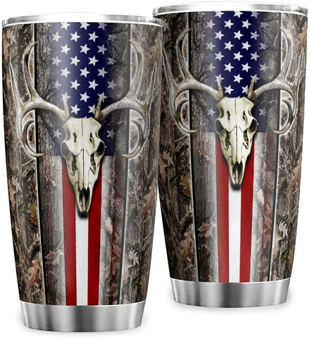 American Flag Hunting Deer Light Travel Mug Insulated Tumbler Stainless Steel Car Cup Gifts for School Outdoor with Clear Lid white8