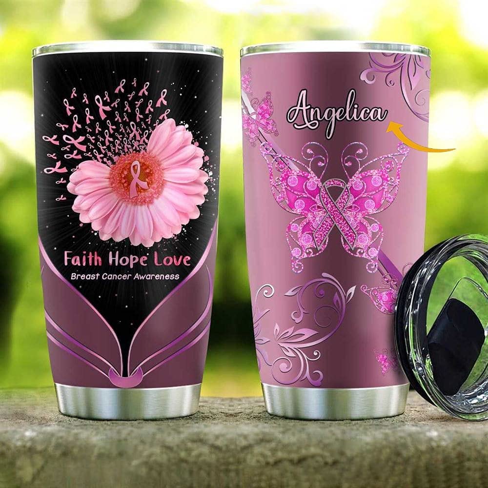 Personalized Breast Cancer Awareness Butterfly Flower Ribbon Tumbler & Tumbler & Skinny Tumbler Stainless Steel Double Wall Insulated Cup Includes Straws and Lid Travel Mug for girl, friend