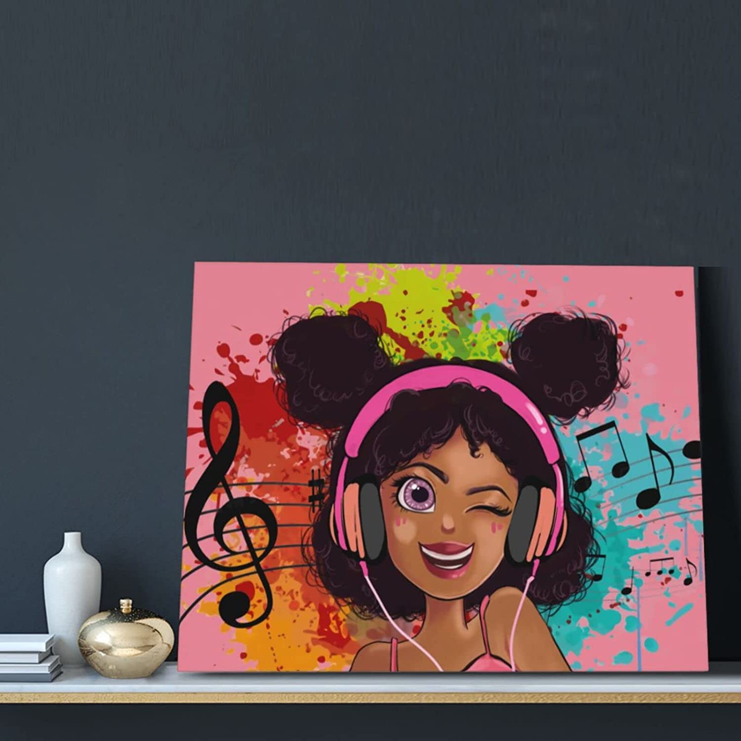 African American Wall Art Black Girl Earphones Pink Background Painting Kids Room Wall Art African Art For Bedroom Wall Decor Hippie Living Room