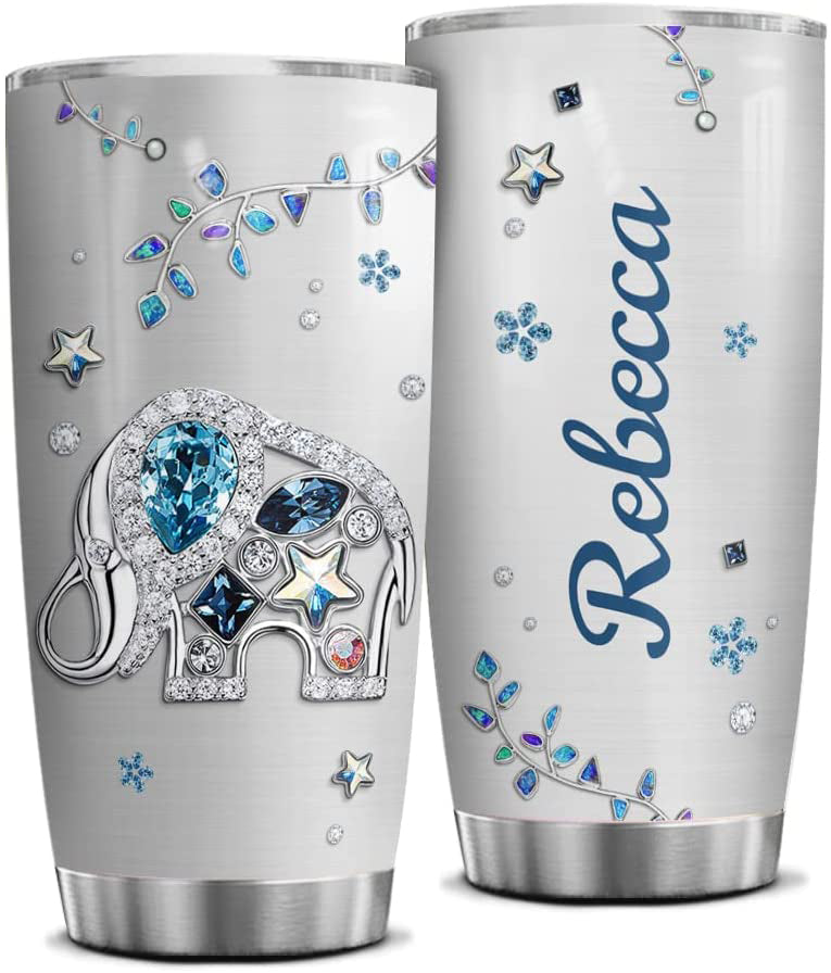 Personalized Elephant Tumbler Cup With Lid Jewelry Drawing Elephants Stainless Steel Double Wall Vacuum Insulated Tumblers Coffee Travel Mug Birthday Christmas Women Custom Name