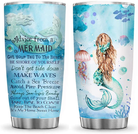 Advice from A Mermaid Inspiration Motivation Ocean Sea Mermaid Tumbler Cup with Lid, Double Wall Vacuum Thermos Insulated Travel Coffee Mug