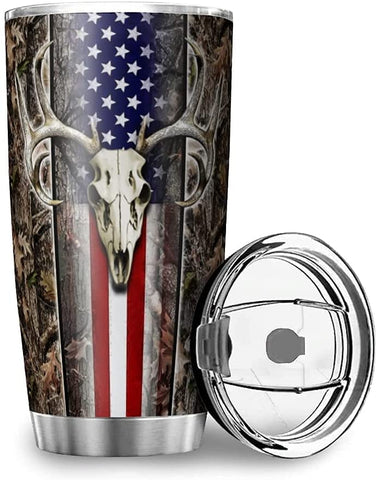 American Flag Hunting Deer Light Travel Mug Insulated Tumbler Stainless Steel Car Cup Gifts for School Outdoor with Clear Lid white8