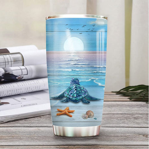 Turtle on The Beach Sunset Sea Ocean Turtle Inspiration Tumbler Cup with Lid, Double Wall Vacuum Thermos Insulated Travel Coffee Mug - BGM0501011Z