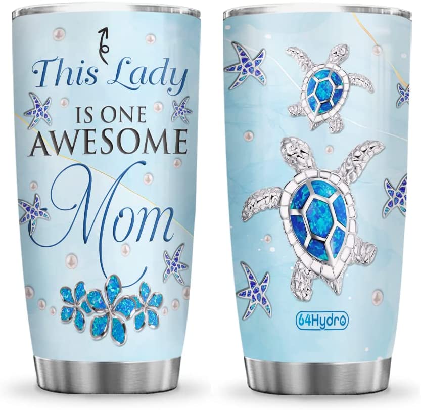 Mom Tumbler, Awesome Mom Turtles Lover Gifts for Wife Mother Daughter Anniversary for Her Stainless Steel Tumbler Cup with Lid, Double Wall Vacuum Thermos Insulated Travel Coffee Mug