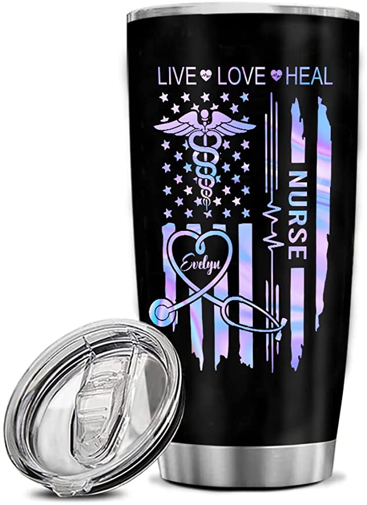 Nurse Tumbler Live Love Heal Flag Nurse - Custom Name Nurse Gift Tumbler Cup with Lid, Nurse's Day, Birthday, Nurse Gifts for Women, Nurse Graduation Gifts for Her, Travel Coffee Mug