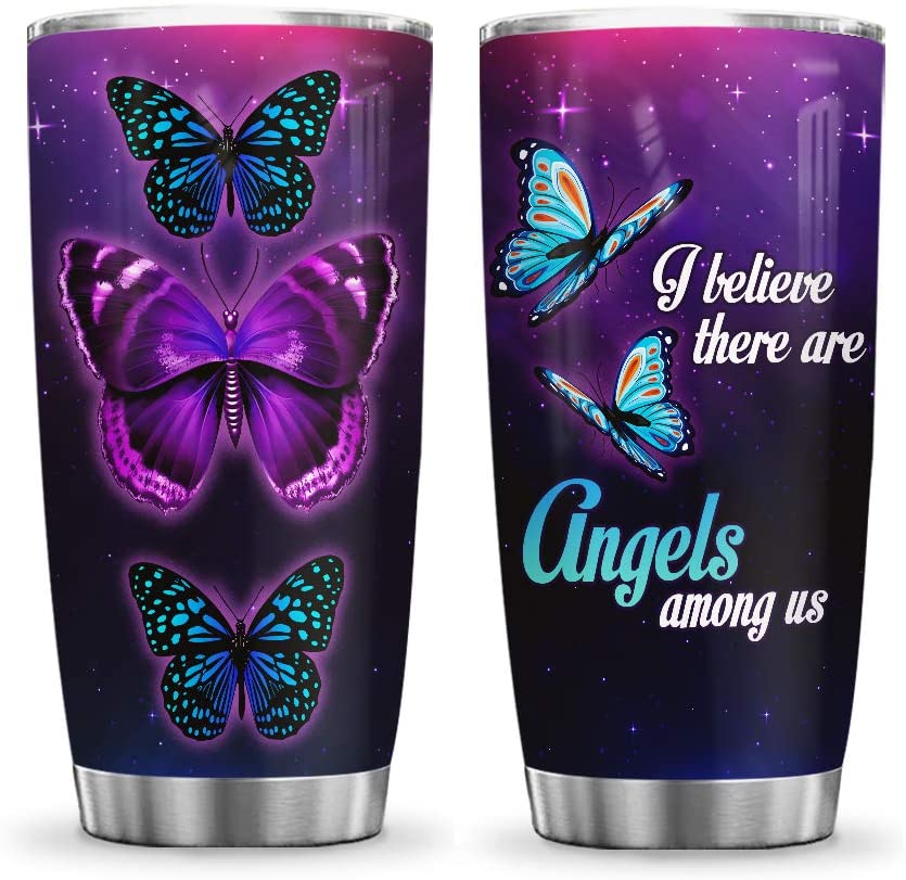 I Believe There are Angels Among Us Butterfly Lover Memorial Gifts Tumbler Cup with Lid, Double Wall Vacuum Thermos Insulated Travel Coffee Mug - HLZZ0504001Z