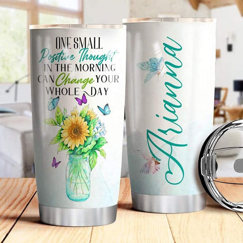 Personalized Name Sunflower Butterfly 3 Stainless Steel Tumbler Vacuum Insulated Travel Mug with Lid and Straws, for Ice Drink, Hot Beverage