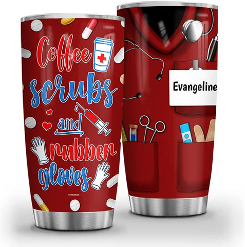 Personalized Nurse Tumbler Coffee Scrubs And Rubber Gloves Cup With Lid Double Wall Vacuum Insulated Travel Coffee Mug Birthday Christmas Nurse Week Appreciation Gift Women Men