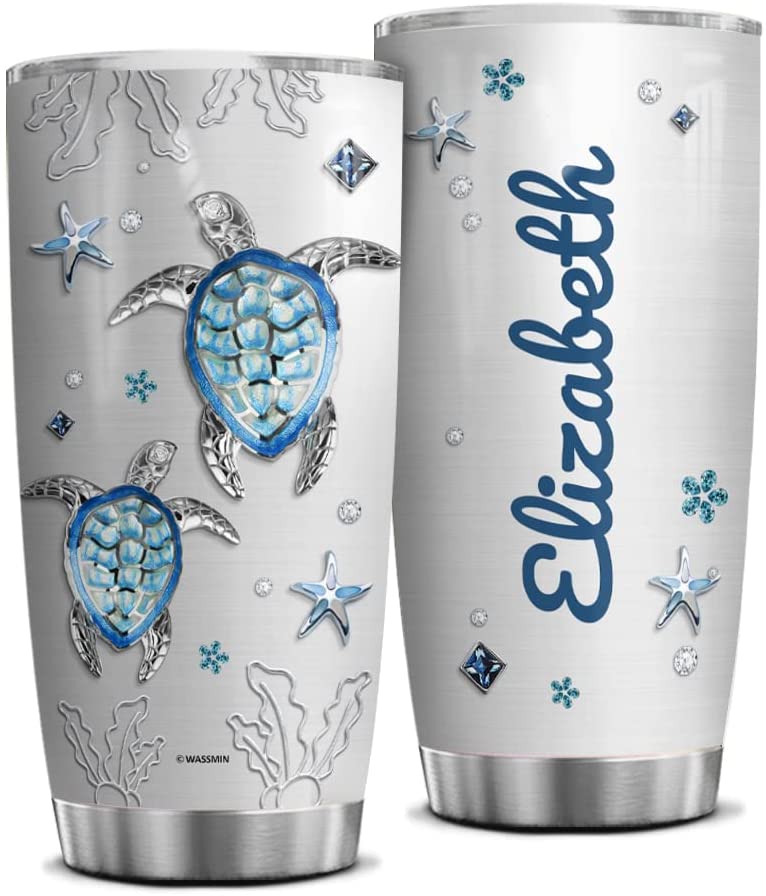 Personalized Turtle Tumbler Cup With Lid Custom Name Sea Turtle Stainless Steel Double Wall Vacuum Insulated Tumblers Coffee Travel Mug Birthday Christmas Customized Gifts