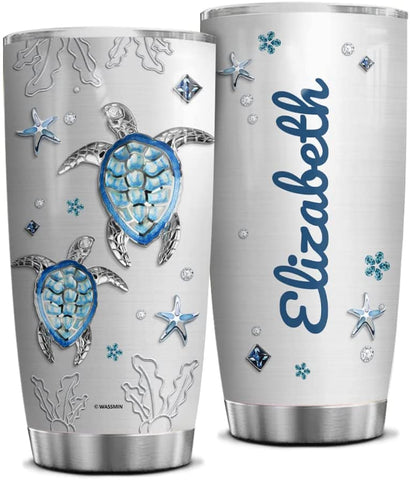 Personalized Turtle Tumbler Cup With Lid Custom Name Sea Turtle Stainless Steel Double Wall Vacuum Insulated Tumblers Coffee Travel Mug Birthday Christmas Customized Gifts