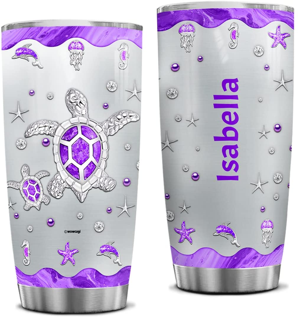 Personalized Tumbler Cup With Lid Custom Name Jewelry Sea Turtle Stainless Steel Double Wall Vacuum Insulated Tumblers Coffee Travel Mug Birthday Christmas Customized Gifts (Purple)