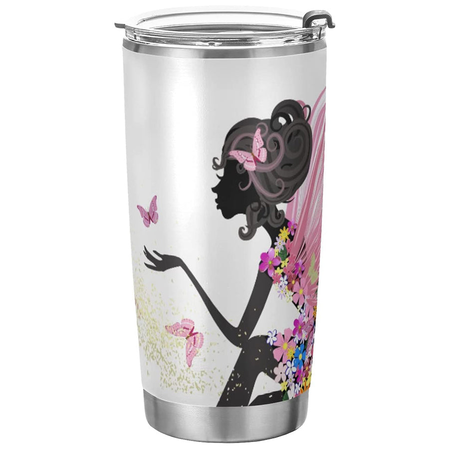 Tumbler Butterfly African Girl Pink Flower Insulated Coffee Cup Beverage Container Travel Mug with Straw and Lid Double Wall Stainless Steel Holiday Gift