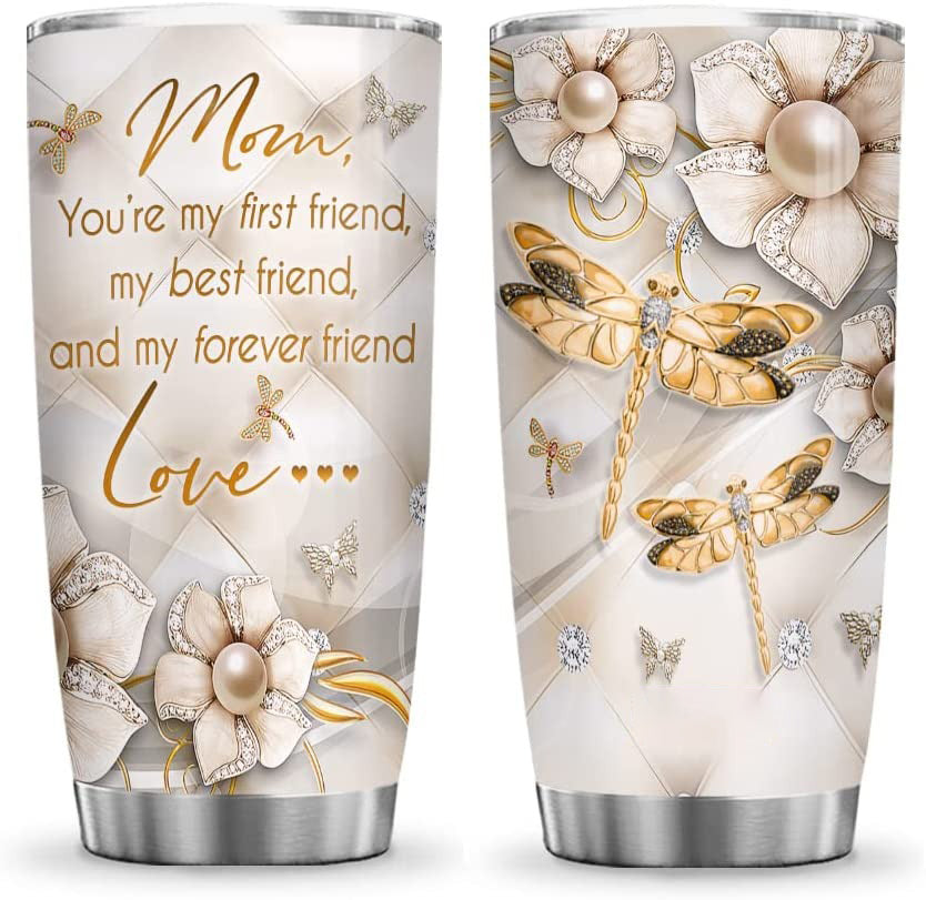 Mom Tumbler, Mom My Forever Friend Mother Gifts Flower Dragonfly Lover Stainless Steel Tumbler Cup with Lid, Double Wall Vacuum Thermos Insulated Travel Coffee Mug