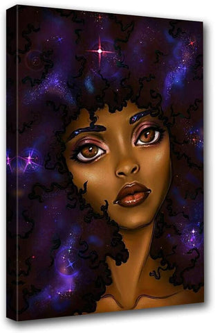 African American Woman Girl Purple Galaxy Space Picture Artwork for Home Kid Girls Room Bedroom Wall Decor Modern Abstract Style